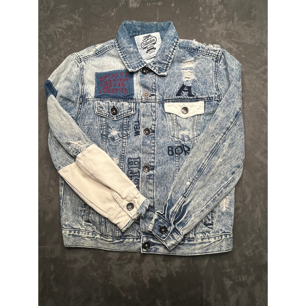 DNM Collection Denim Jacket Mens M Blue Acid Wash Distressed Embroidered Graphic